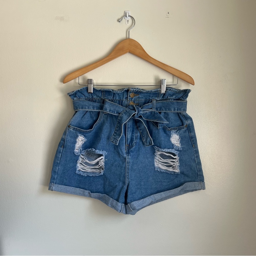Denim BLVD Elastic High-Waisted, Distressed, Front-Tie Blue Jean Shorts